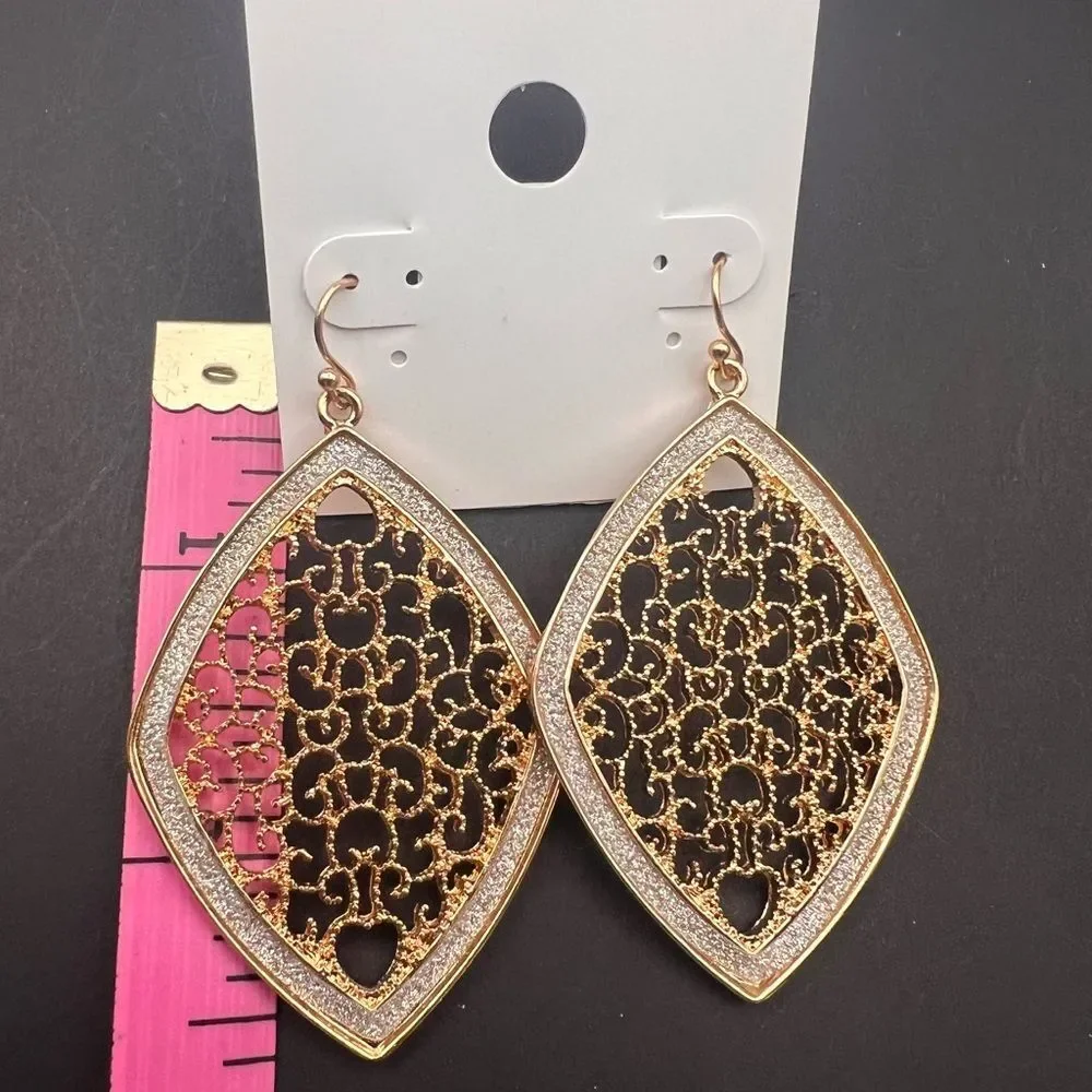 5/$25 New Gold Filigree Marquise Dangle Earrings – Boho Statement Jewelry